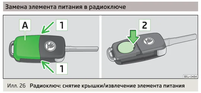 Как заменить батарейку — Skoda Fabia, рисунок из руководства по эксплуатации